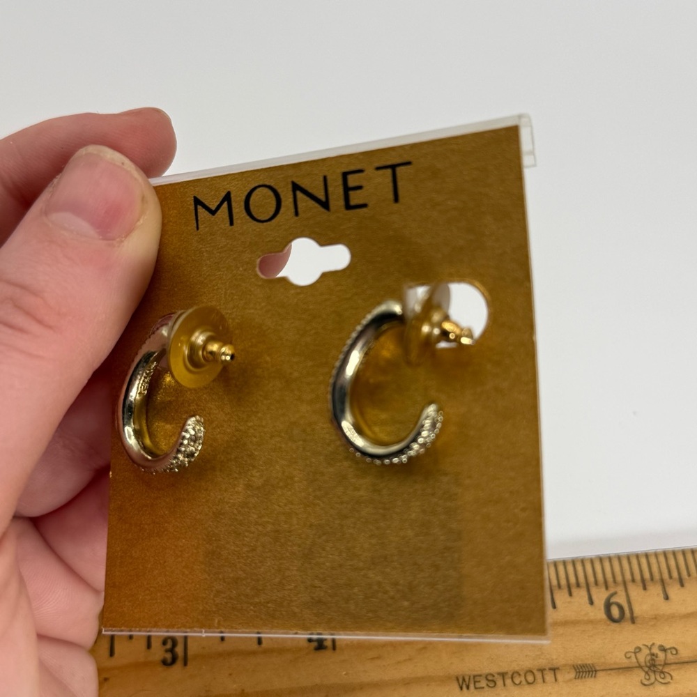 Monet Gold Tone Hoop Rhinestone Earrings NWT - Picture 7 of 7